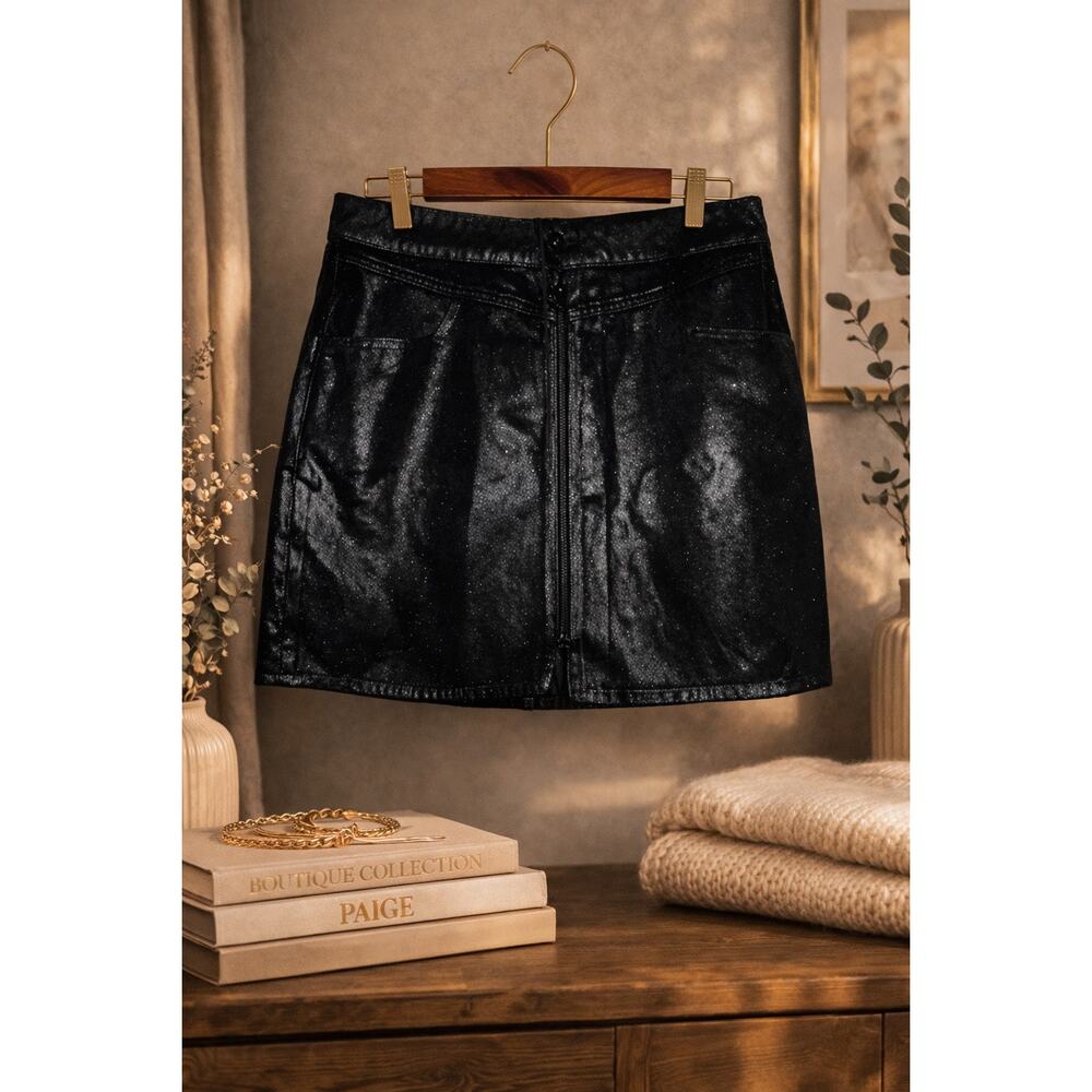 PAIGE Jamine Black Coated Denim Mini Skirt Zip Front Sparkle NWT 30 Edgy Chic